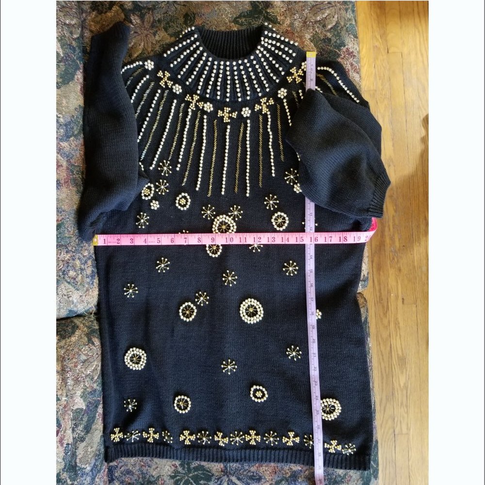 Impressive, vintage 90s, black cotton sweater, S, M, L, gold glass beading - Picture 5 of 8